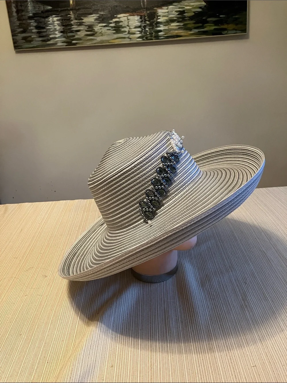 Elegant  Light Gray Wide-Brim Hat With Crystal and Beaded Embellishments